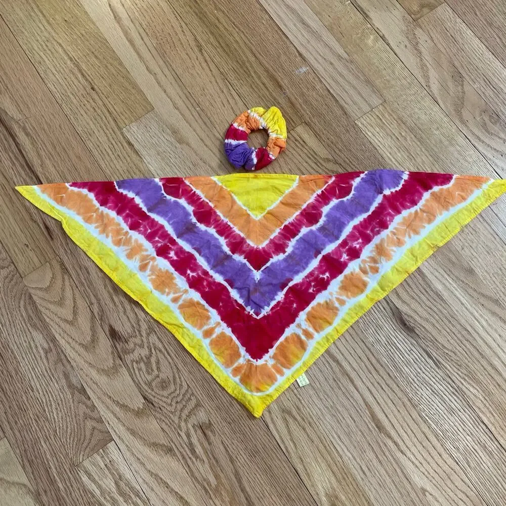 tie dye bandana and hair scrunchie combo rainbow chevron